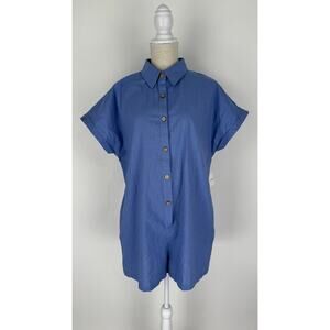 Better Be Womens Blue Button Up Short Sleeve Cotton Romper Collared Large NWT